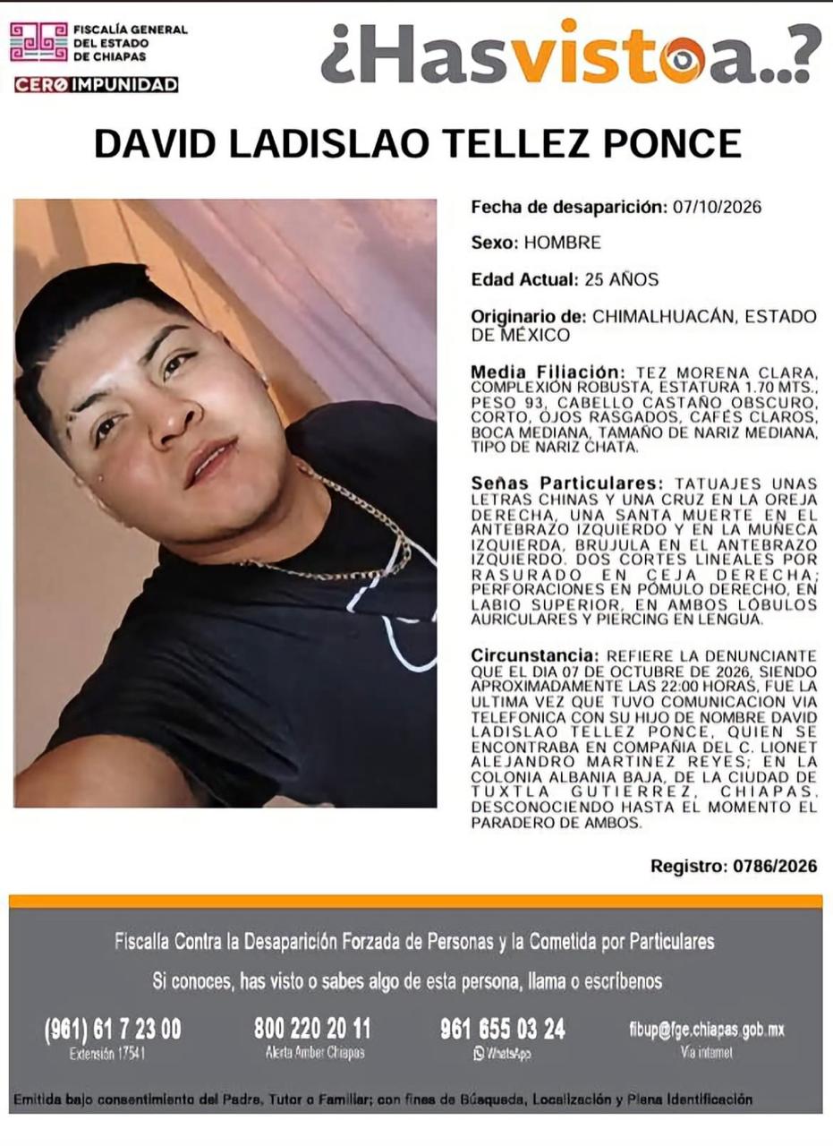 ¡Urgente! Buscan a David Ladislao Téllez Ponce, desaparecido en Tuxtla Gutiérrez