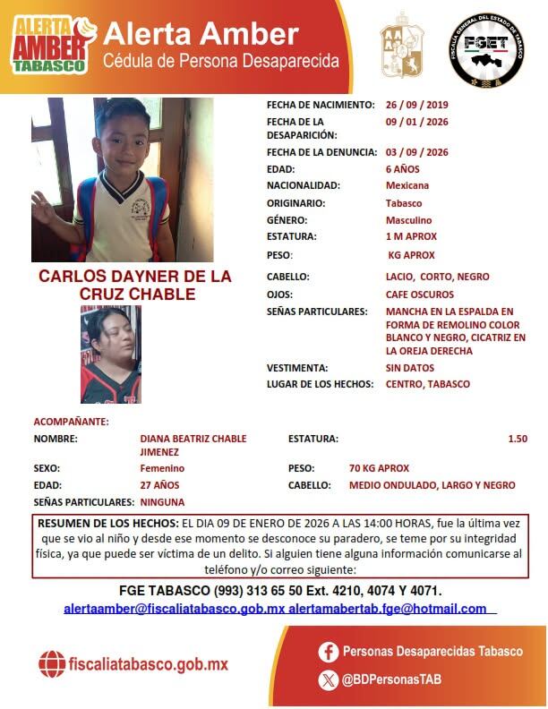 ¡Urgente! Buscan al pequeño Carlos Dayner de 6 años: Desapareció en Centro, Tabasco junto a una mujer
