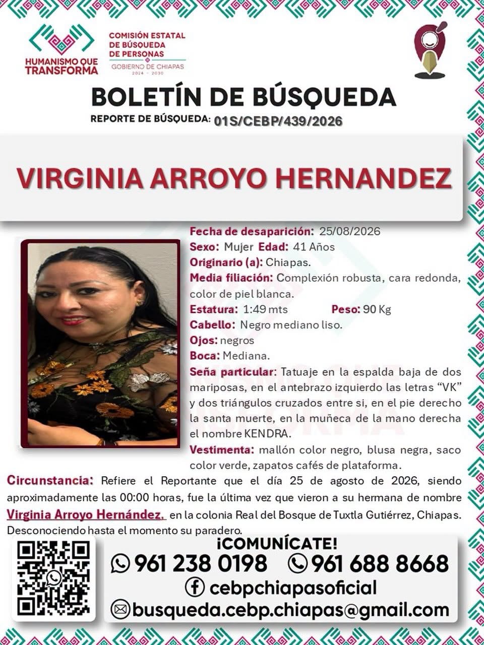 ¡Se busca! Virginia Arroyo Hernández desapareció en Real del Bosque en Tuxtla Gutiérrez: