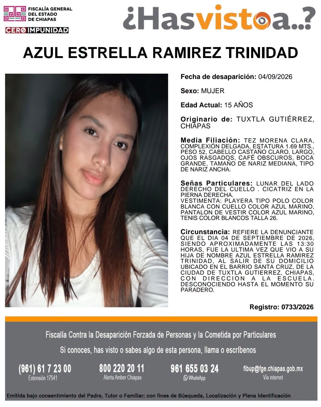 Adolescente desaparece en Tuxtla Gutiérrez cuando se diria a la escuela: se busca a Azul Estrella