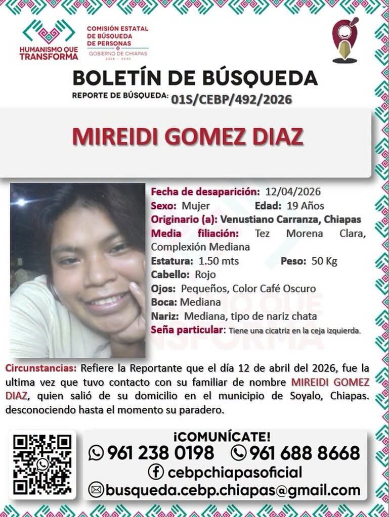 ¡Urgente! Emiten ficha de búsqueda para localizar a la joven Mireidi Gómez Díaz, desaparecida en Soyaló, Chiapas