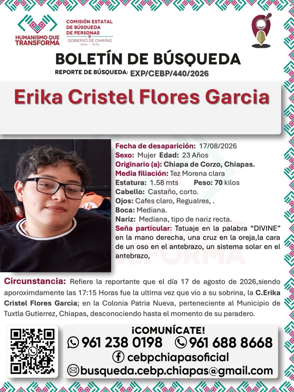 ¿Dónde está Erika Cristel Flores García? Fue vista por última vez en Tuxtla Gutiérrez