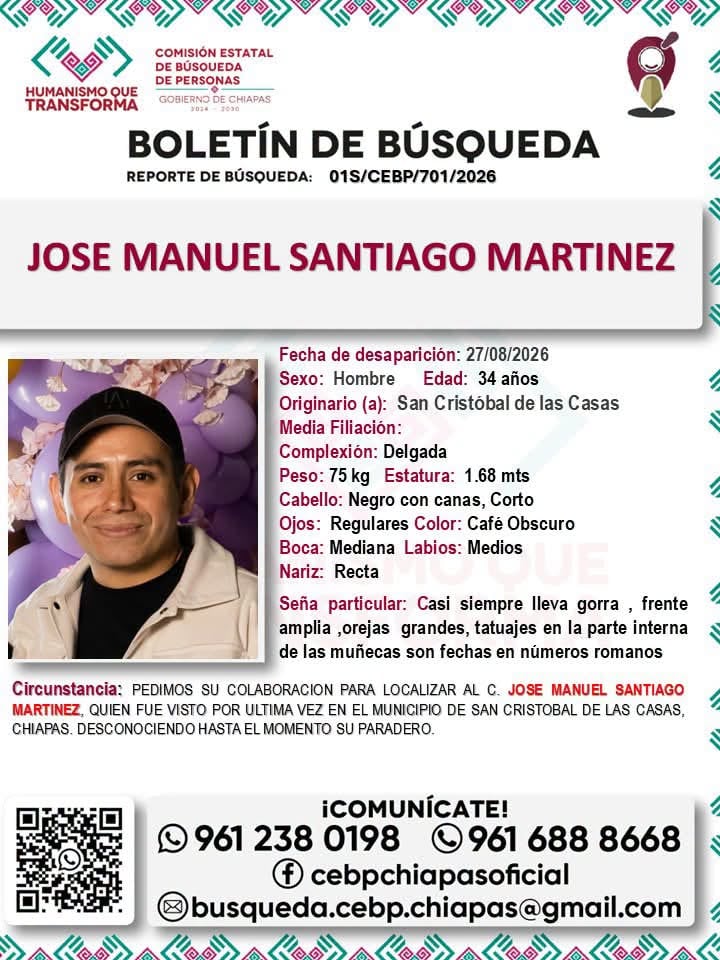 ¡Servicio social! Buscan a José Manuel Santiago Martínez, desaparecido en San Cristóbal de las Casas