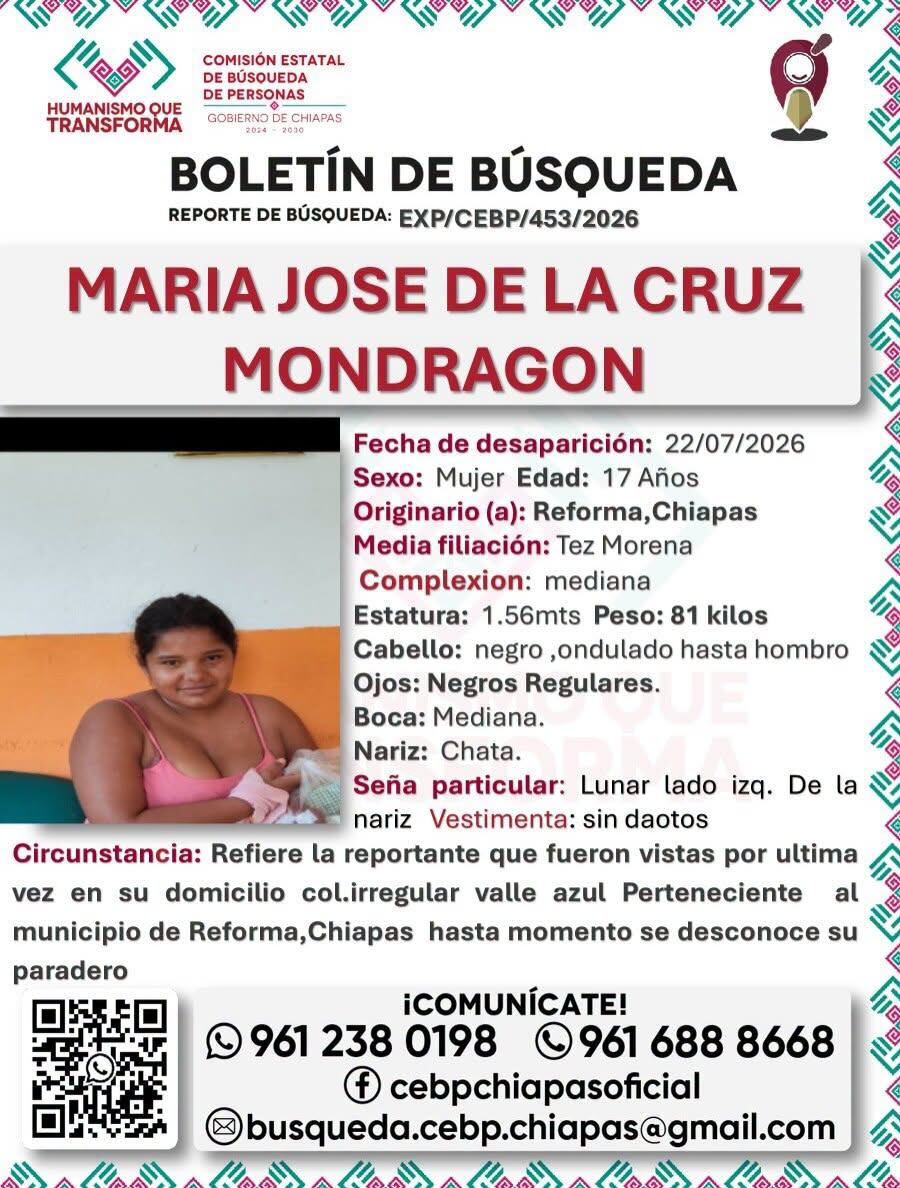 ¡Desapareció de su casa! Buscan a María José en Reforma, Chiapas