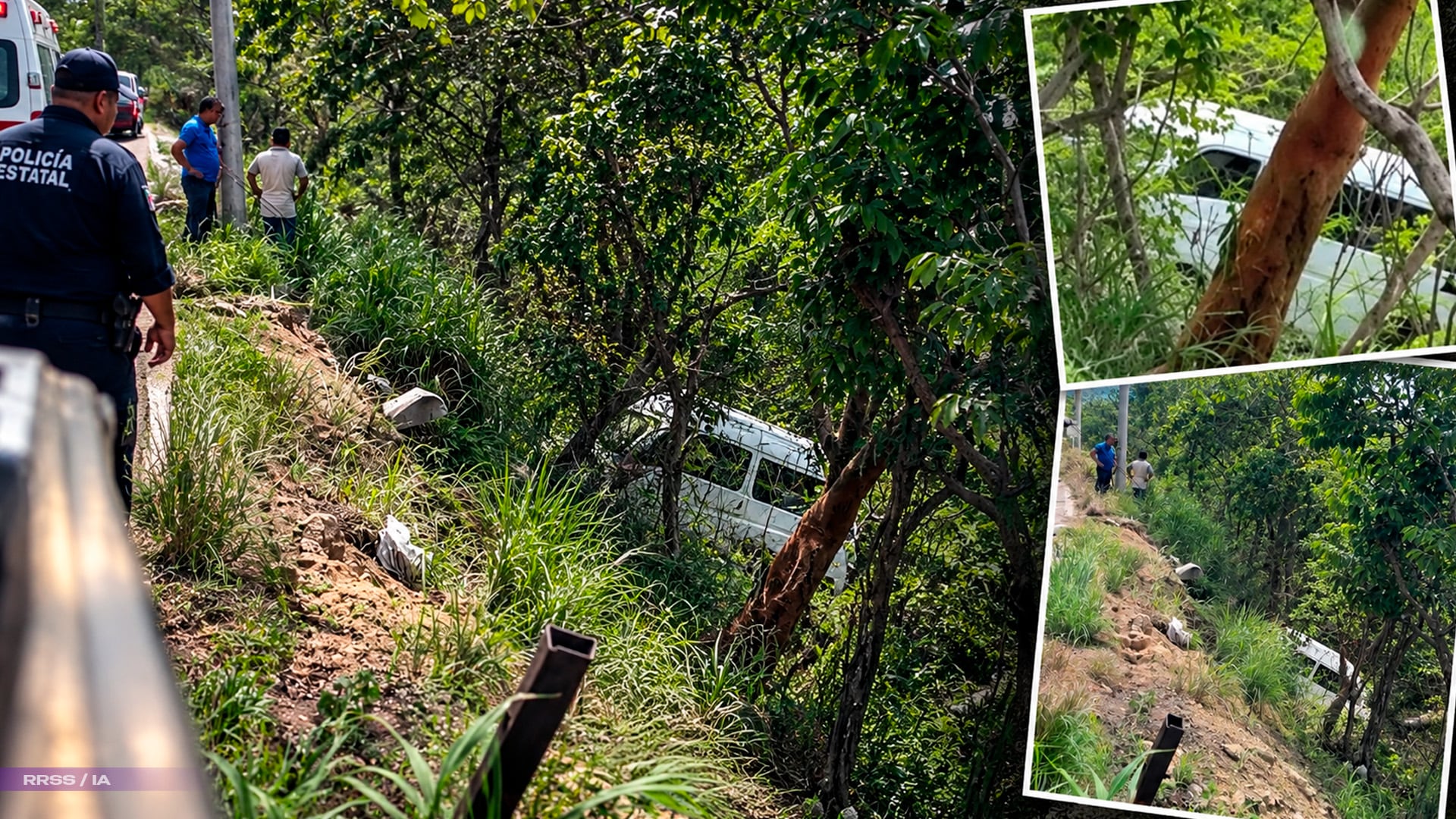 ¡Urvan al barranco! Unidad de transporte cae en la ruta a Suchiapa y cierran la carretera.
