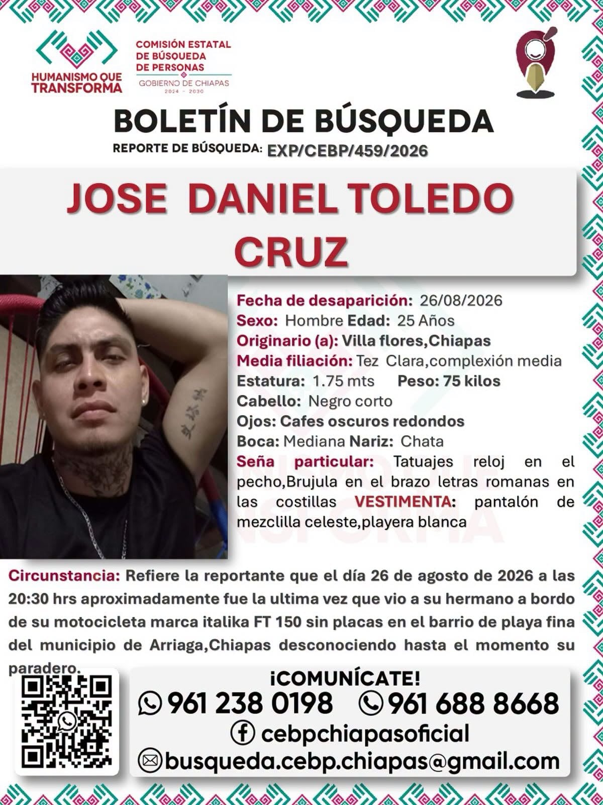 Joven de Villaflores desaparece en Arriaga: se busca a José Daniel Toledo