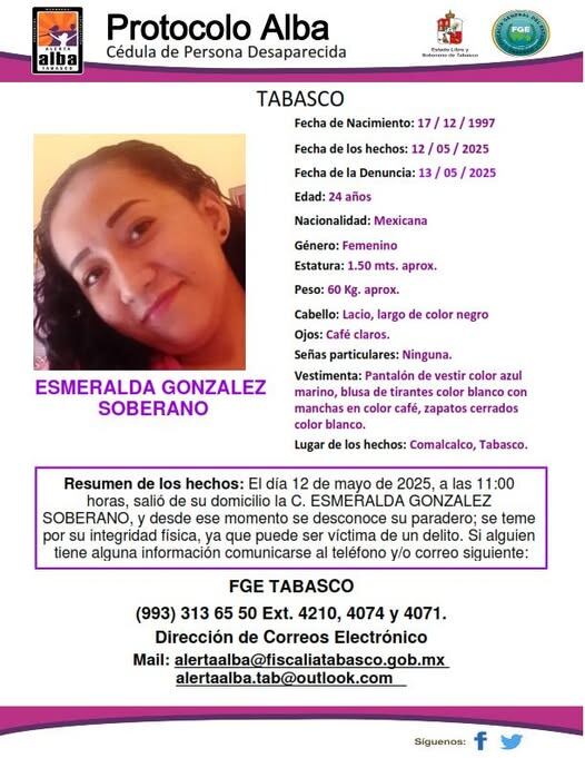 Esmeralda González Soberano desaparecida Comalcalco Tabasco