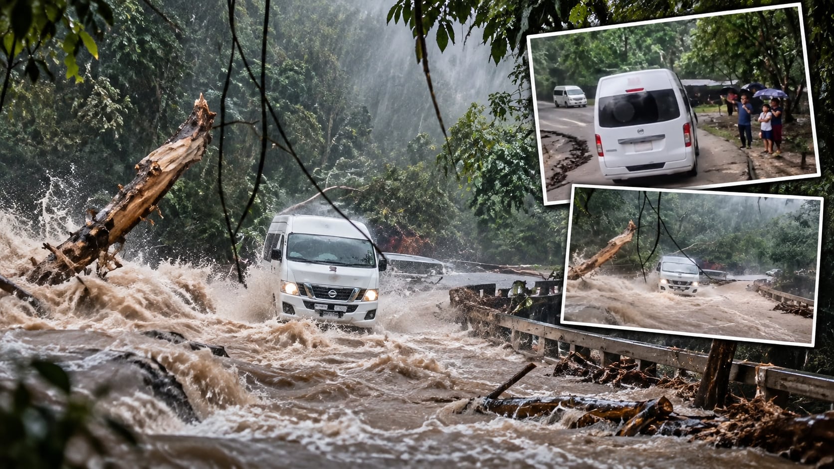 ¡No se detuvo! Graban a conductor de combi atravesando puente inundado y con fuertes corrientes en Palenque