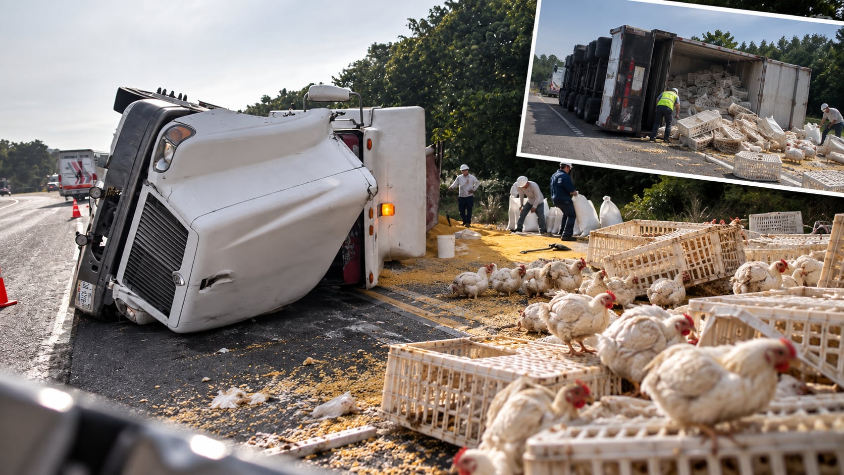 Vuelca tráiler pollos