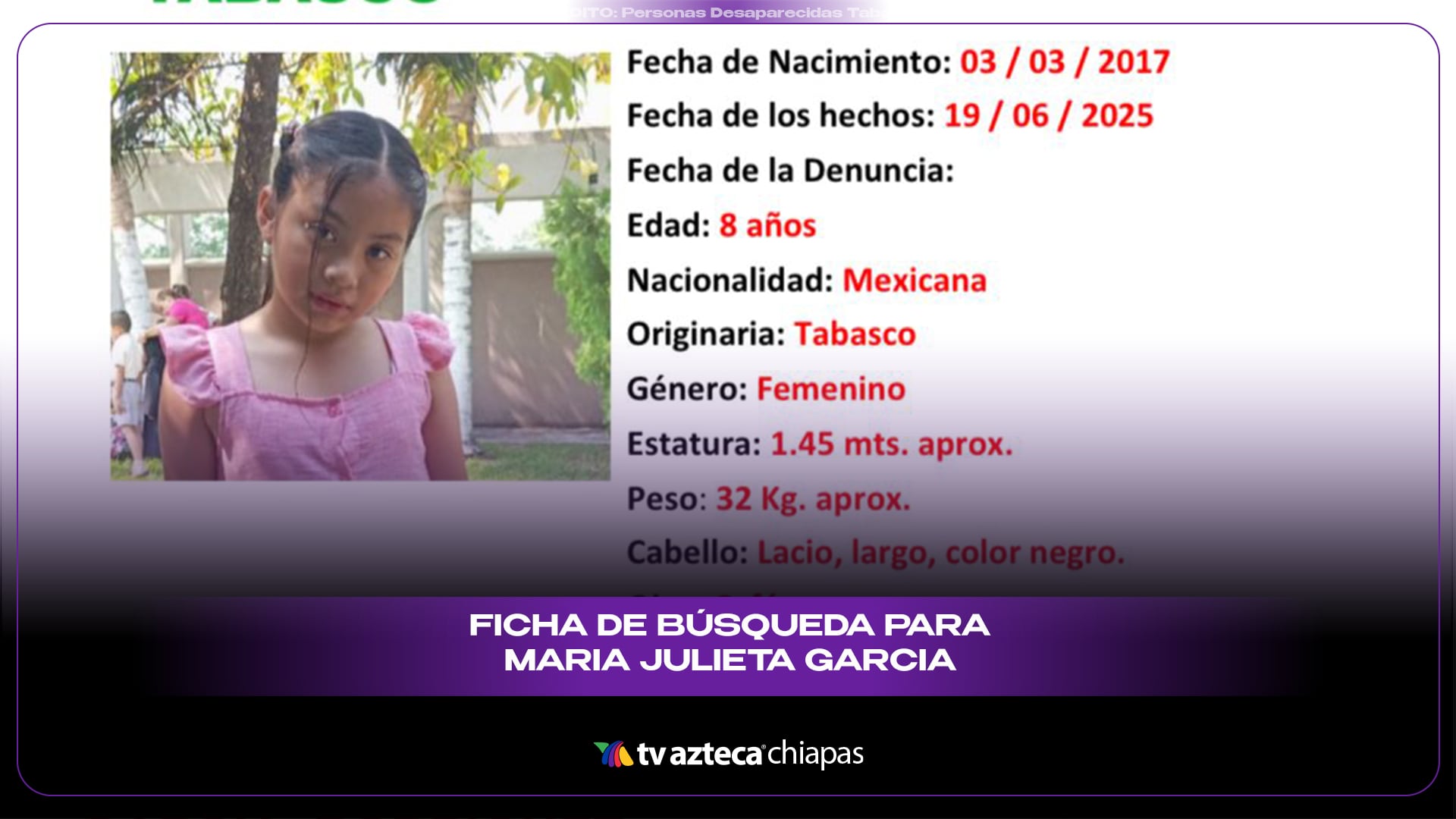 Alerta Amber Tabasco: María Julieta García Rodríguez