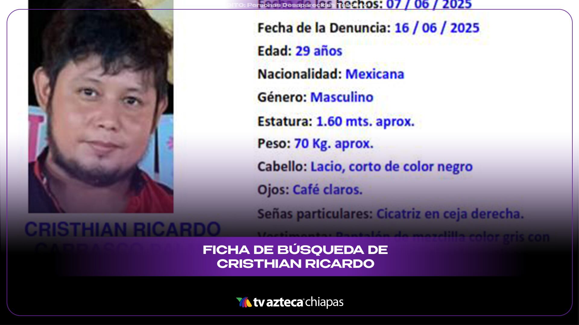 Cristhian Ricardo Carrasco Palma desapareció en Centro, Tabasco