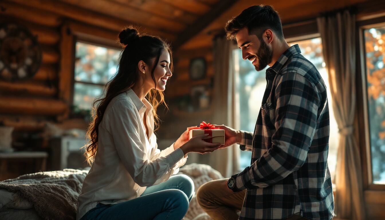 Pareja entregándose regalos por San Valentín
